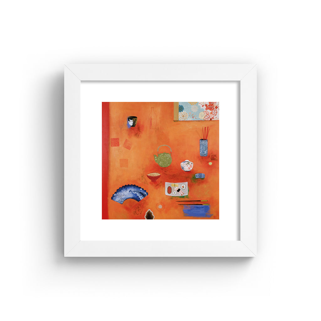 Bright art print featuring different household objects placed on a bright orange background, in a white frame.