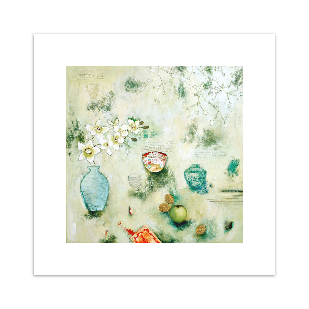 Abstract art print containing an assortment of food and household objects, laid out on a pale green background.