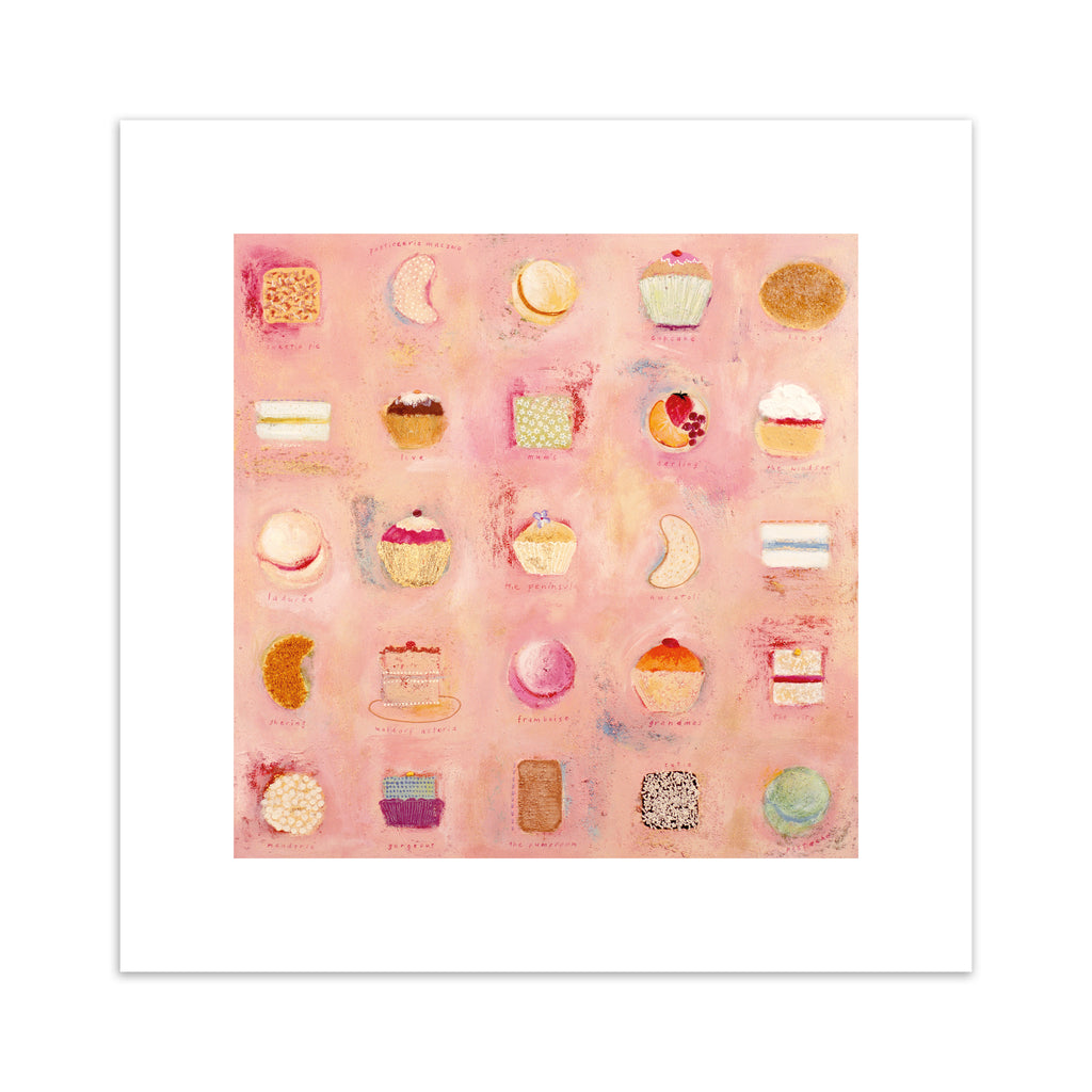 Abstract print containing a pattern of afternoon tea foods, laid out on a peachy pink background.