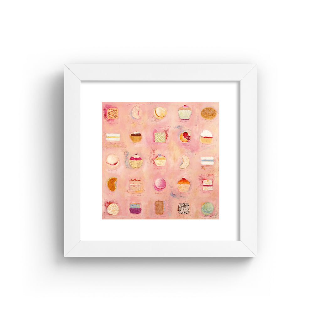 Abstract print containing a pattern of afternoon tea foods, laid out on a peachy pink background. Art print is in a white frame.