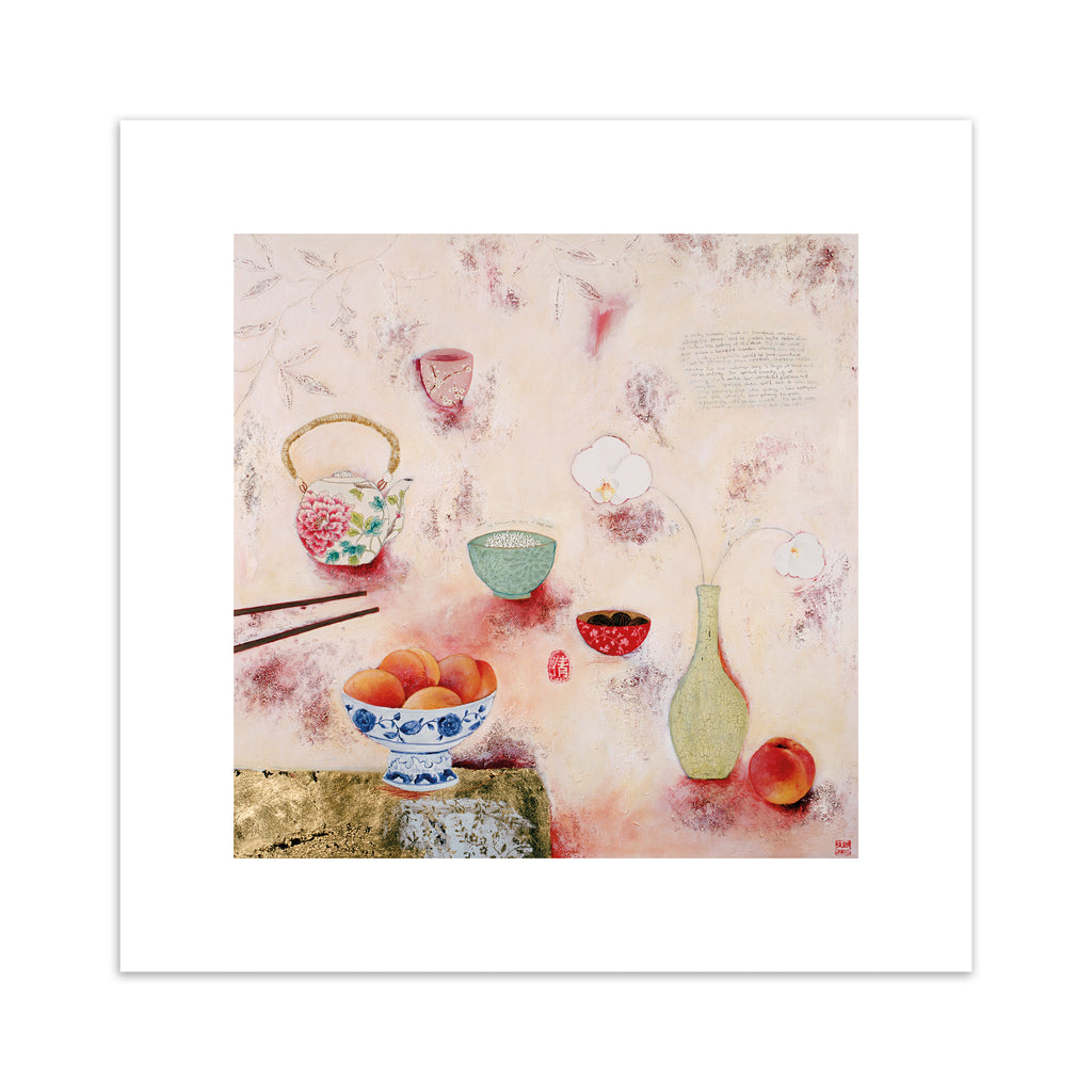 Cosy abstract print containing a food spread of peaches and tea, laid out on a pink background.