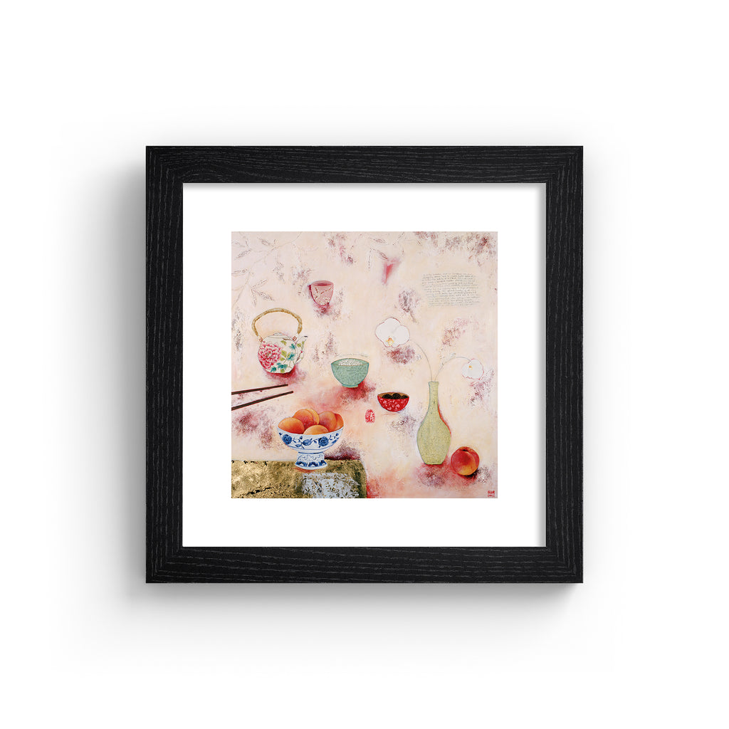 Cosy abstract print containing a food spread of peaches and tea, laid out on a pink background. Art print is in a black frame.