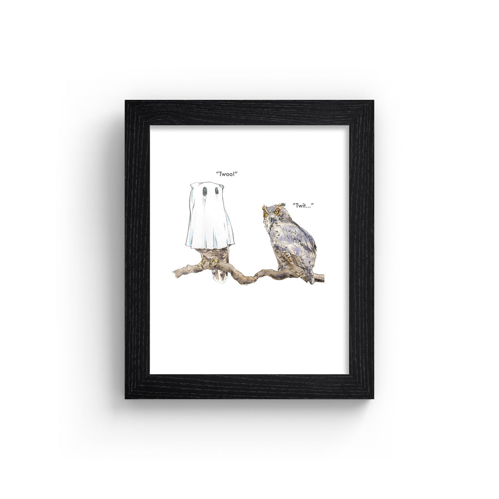 Humorous art print featuring an illustration of two owls perched together. One owl wears a ghost costume and says 'Twoo!'  Art print is in a black frame.