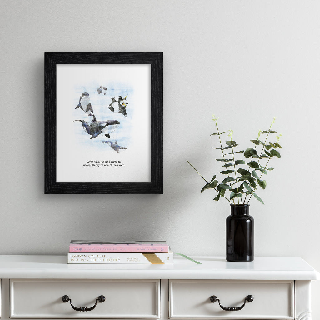 Humorous art print featuring an illustration of a panda swimming and 'blending' in with killer whales. Title underneath reads 'Over time, the pod came to accept Henry as one of their own'. Art print is hung up on a silver wall.