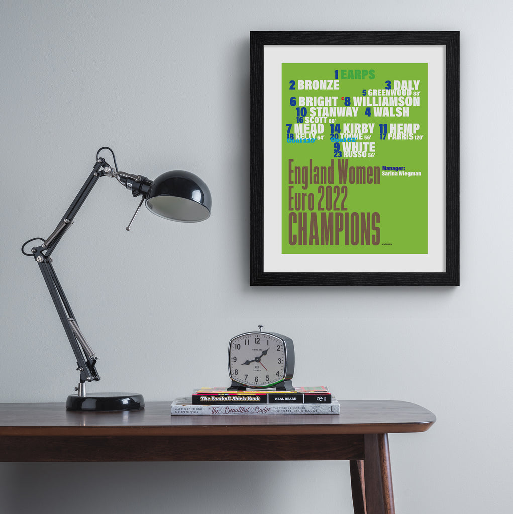 Sporty art print featuring typography celebrating the Lionesses England football team, on a bright green background. Art print is hung up on a silver wall.