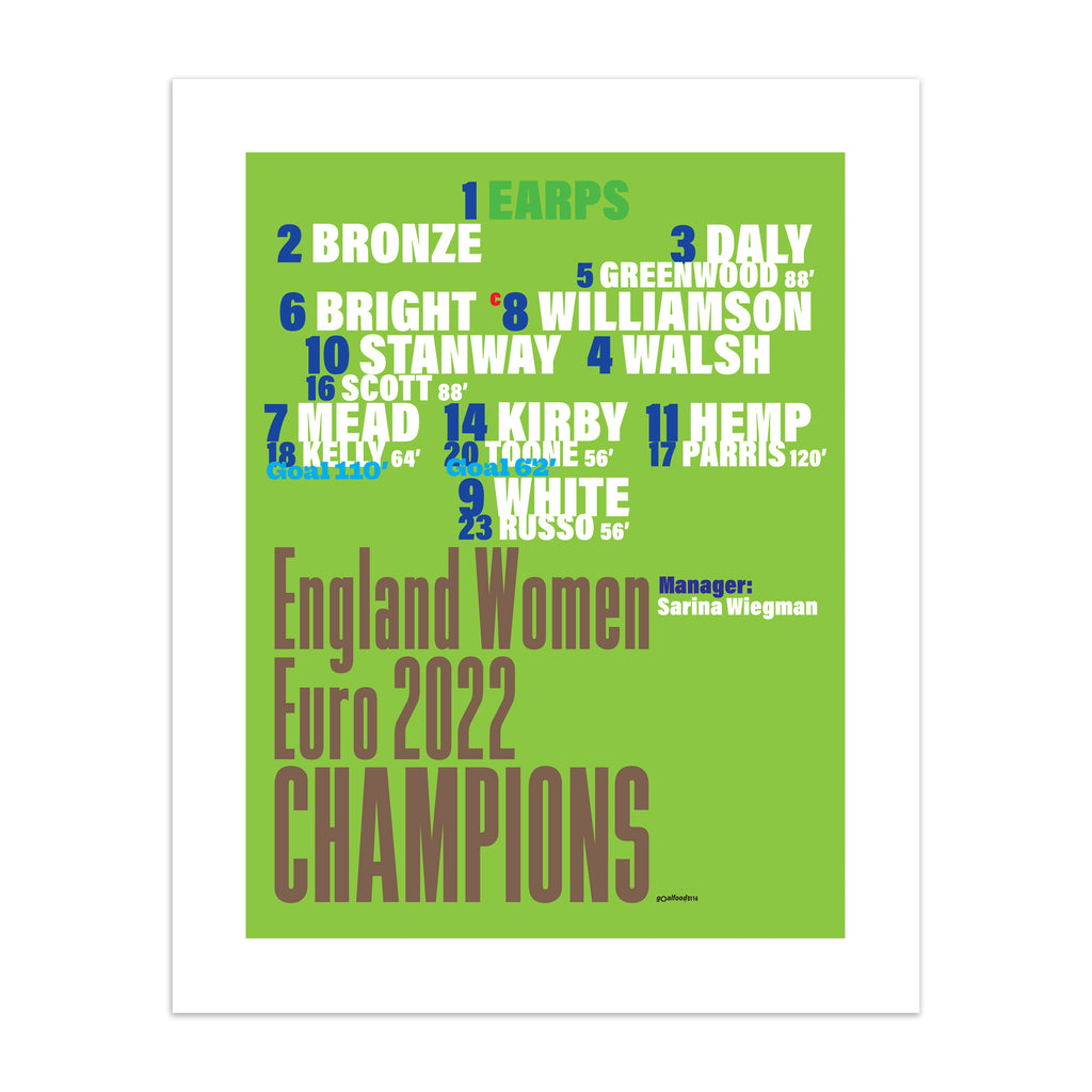 Sporty art print featuring typography celebrating the Lionesses England football team, on a bright green background.