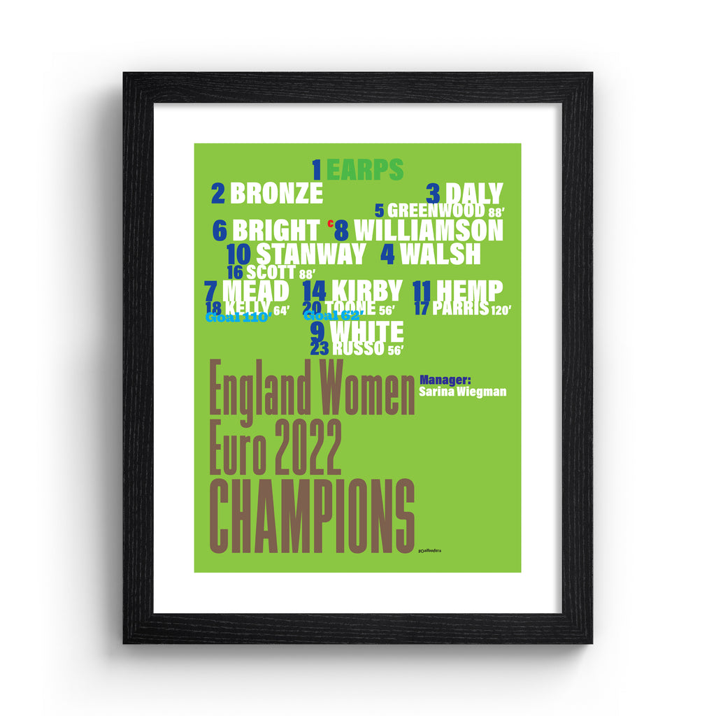 Sporty art print featuring typography celebrating the Lionesses England football team, on a bright green background. Art print is in a black frame.