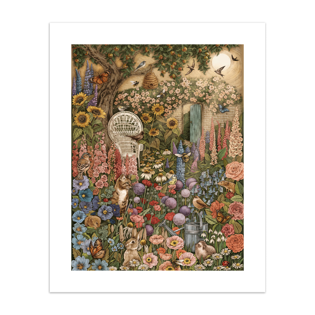 Art print featuring a collection of British wildlife and Summer botanicals in an atmospheric nature scene. A cat sits amongst the flowers, with a garden chair nearby.