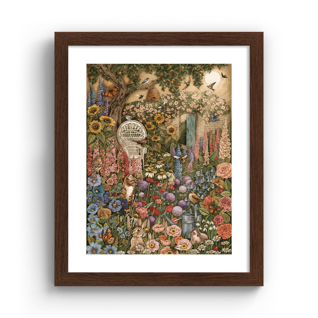 Art print featuring a collection of British wildlife and Summer botanicals in an atmospheric nature scene. A cat sits amongst the flowers, with a garden chair nearby. Art print is in an oak frame.