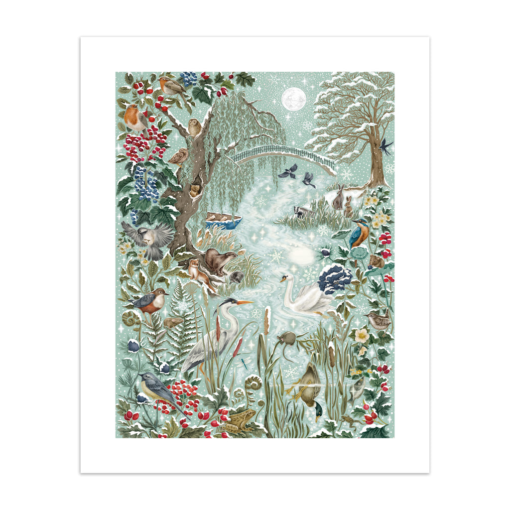 Christmas art print featuring a wintery wonderland scene of animals and botanicals basking by a river on a frosty day.