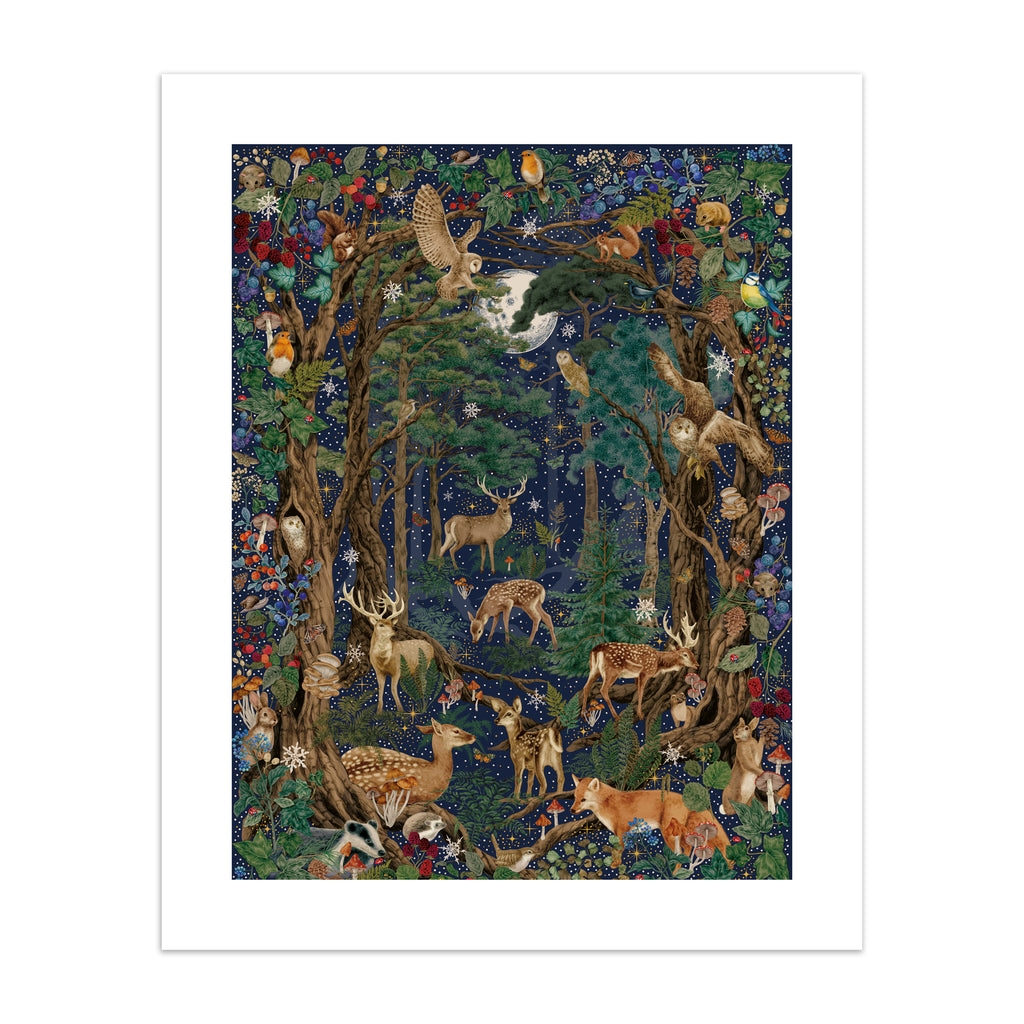 Stunning Christmas art print featuring a collection of British wildlife and botanicals in a forest under a star-studded night sky.