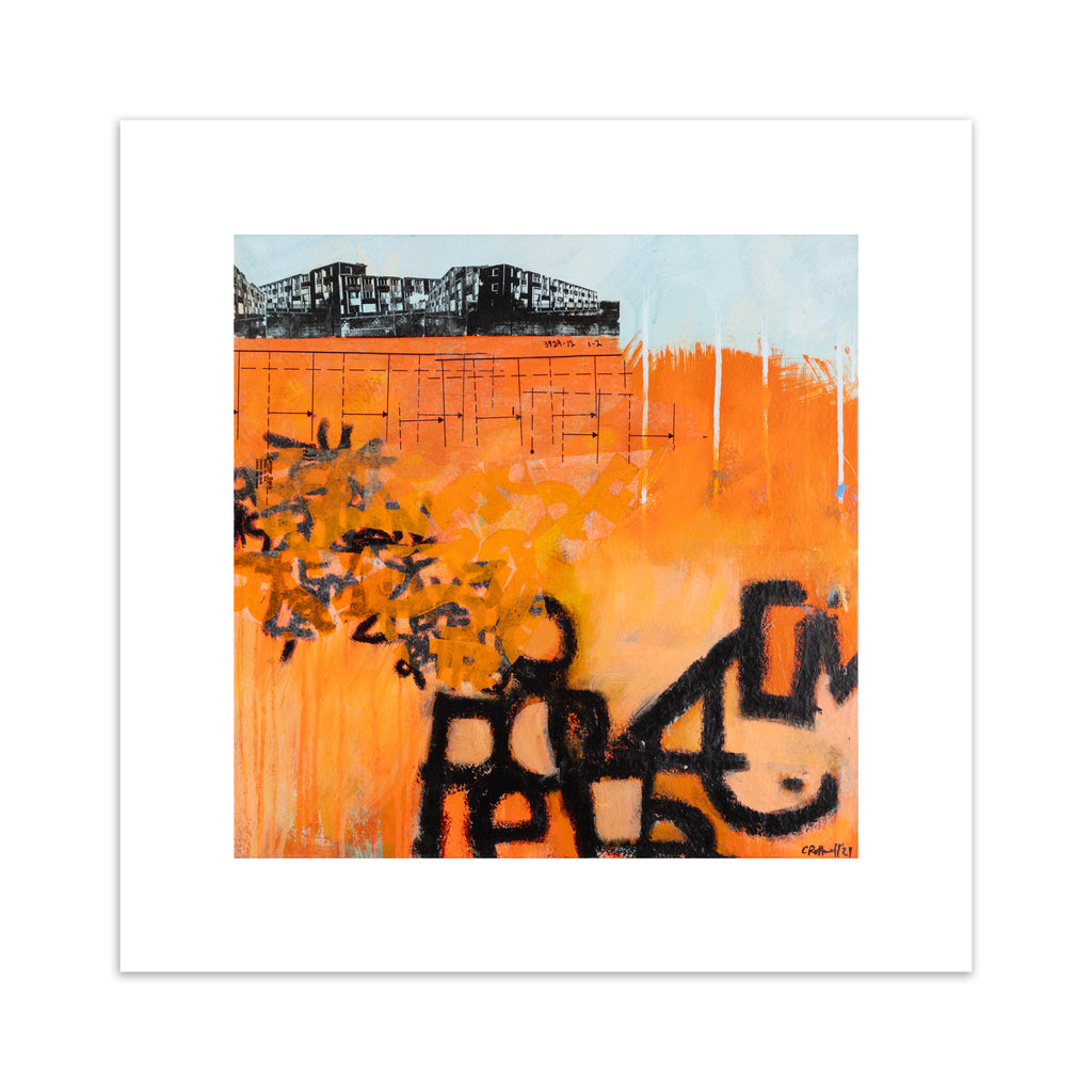 Vivid abstract print featuring an urban landscape covered in bright orange and black graffiti spray paint.