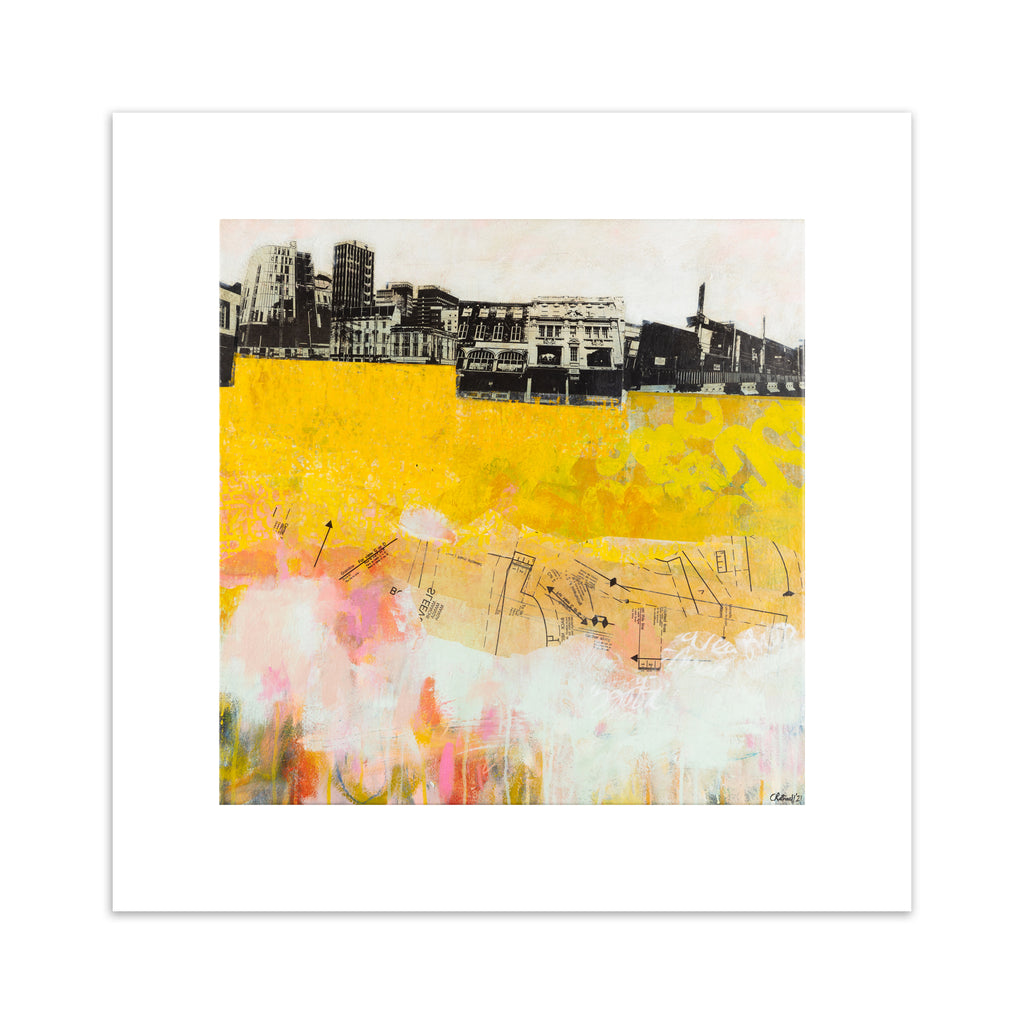 Abstract art print featuring an urban landscape standing on a bright yellow map.