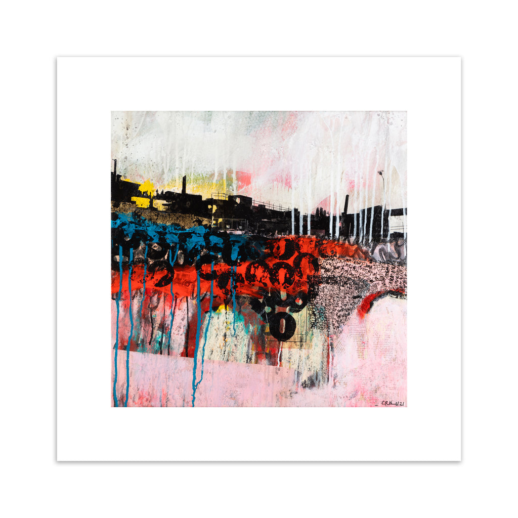Abstract art print featuring an urban landscape against a brightly coloured background and black graffiti letters. 