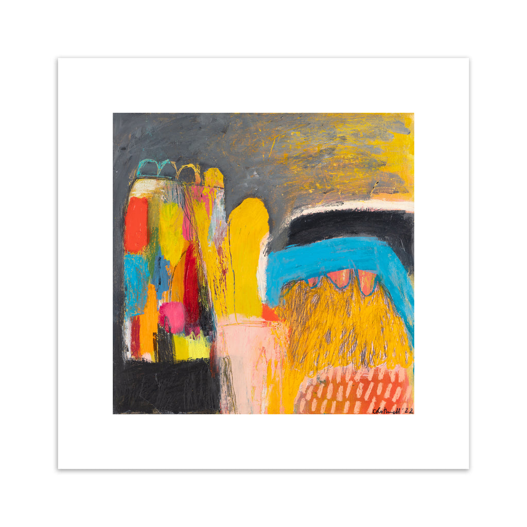Vivid abstract print featuring an urban array of mixed colours on a dark background. 