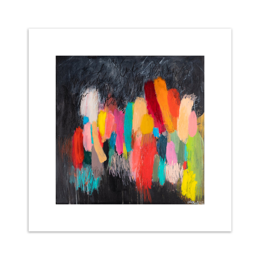 Vivid abstract print featuring a vast array of colours blended together on a moody background. 