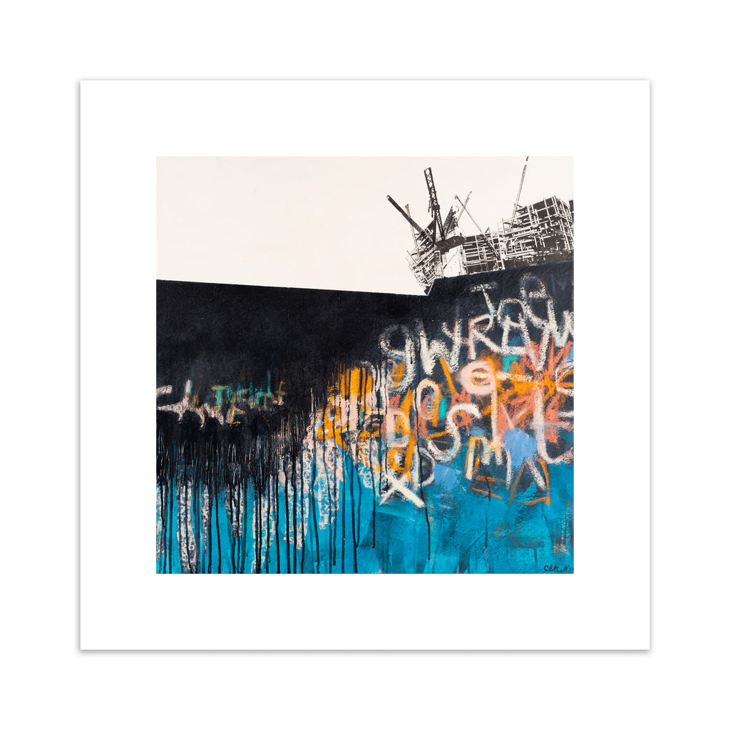 Vivid abstract print featuring an urban landscape covered in black, blue, white and orange graffiti.