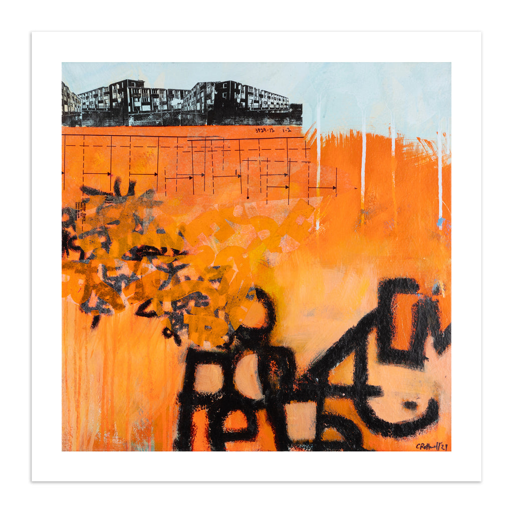 Large vivid abstract print featuring an urban landscape covered in bright orange and black graffiti spray paint. 