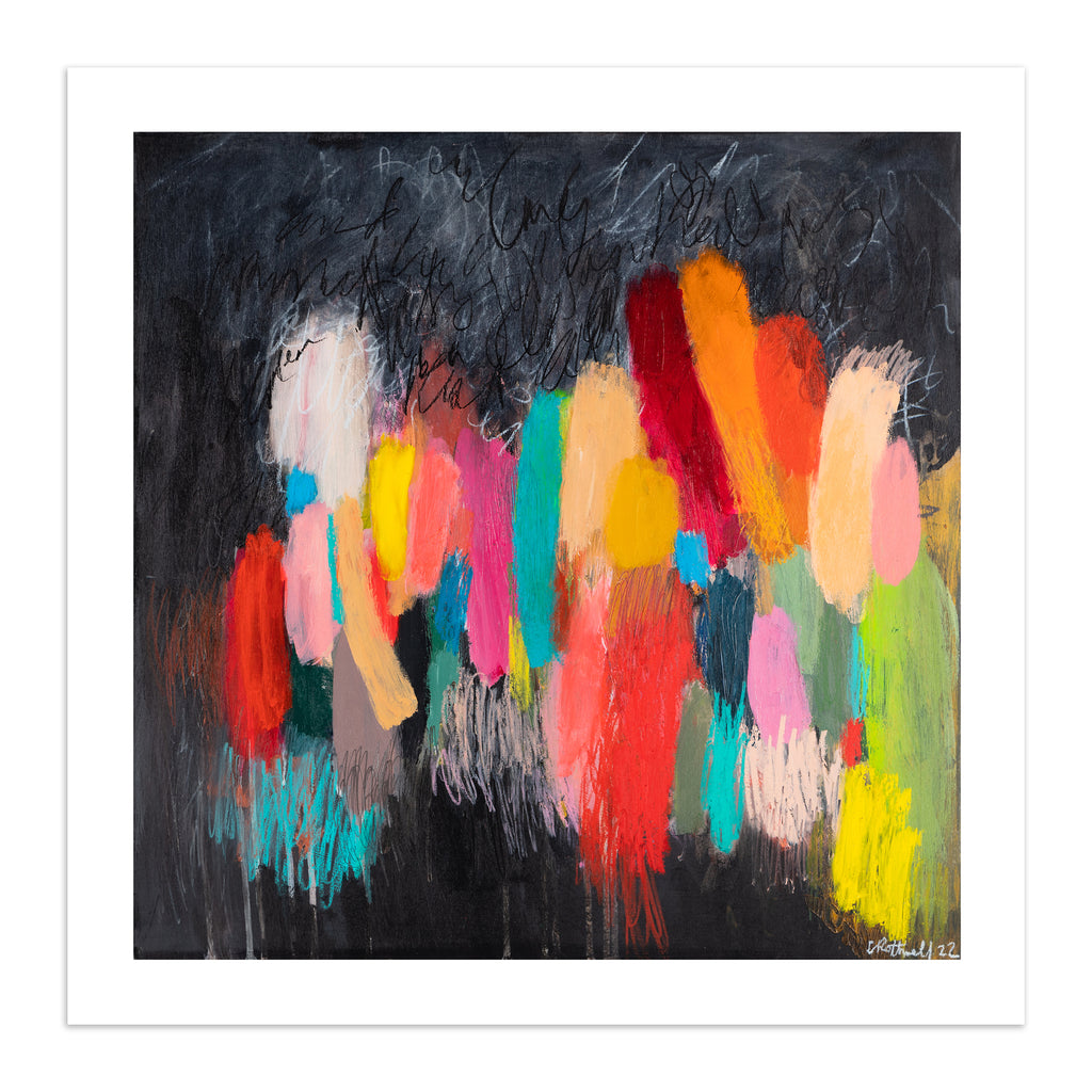 Large version of the vivid abstract print features a vast array of bright colours blended on a moody background.