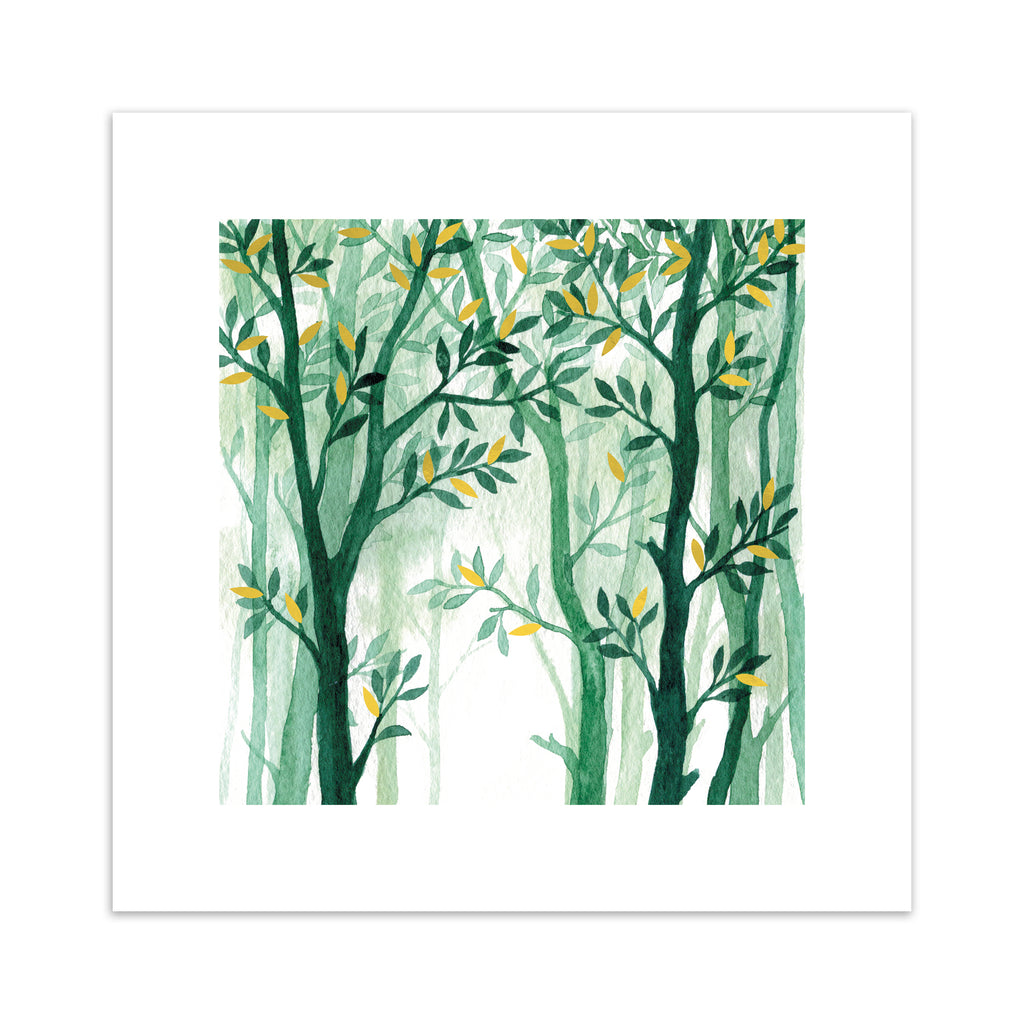 Nature wall art print featuring a forest of vibrant green trees with gold leaves. 