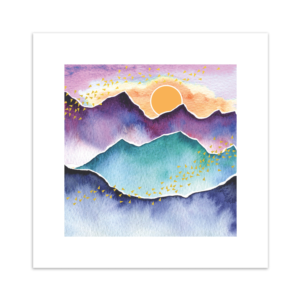 Watercolour art print featuring the sun rising above a beautiful mountain landscape.