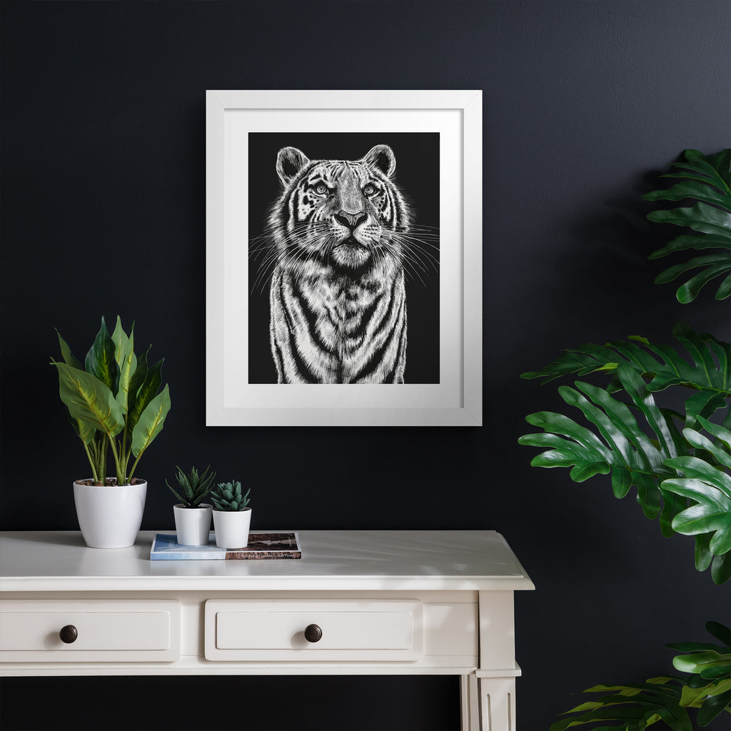 Striking art print featuring a detailed illustration of a tiger gazing upwards, in black and white. Art print is hung up on a dark blue wall.