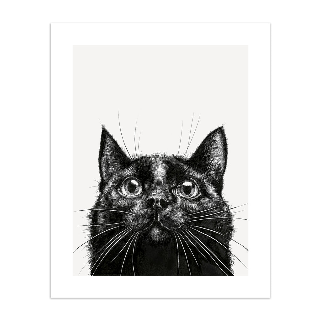 Monochrome art print featuring a detailed illustration of a black cat.