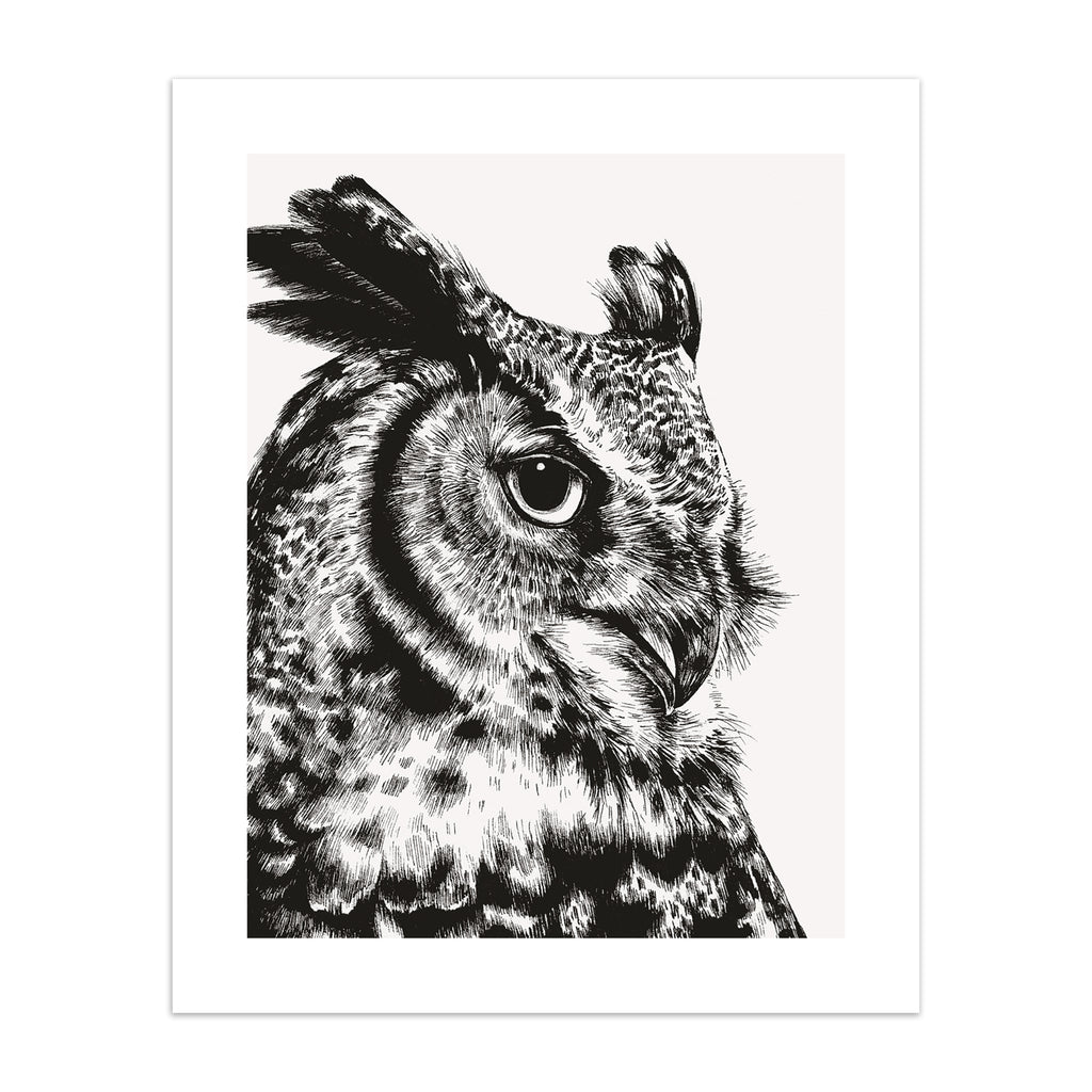 Striking art print featuring a detailed illustration of a great horned owl, in black and white. 