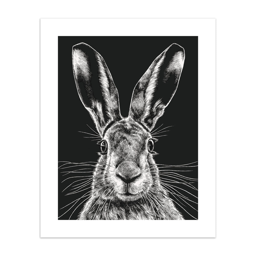Striking art print featuring a detailed illustration of a wild hare, in black and white. 