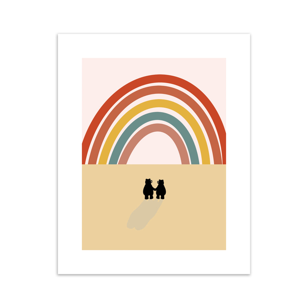 'Bear' art print of two bears gazing up at a large rainbow.