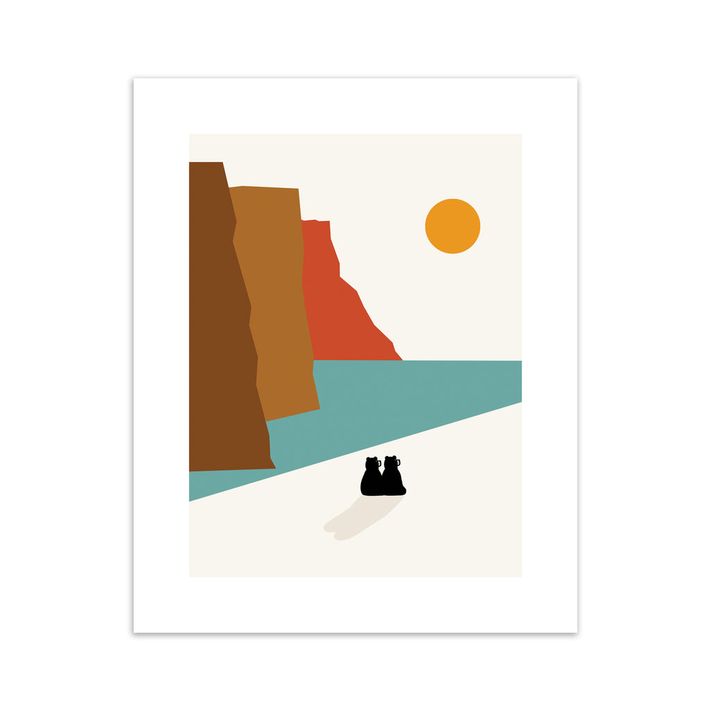 Colourful pastel art print featuring two bears sat watching the scenery before them. Three cliffs stand next to a bright blue ocean, where an orange sun sits in the sky.