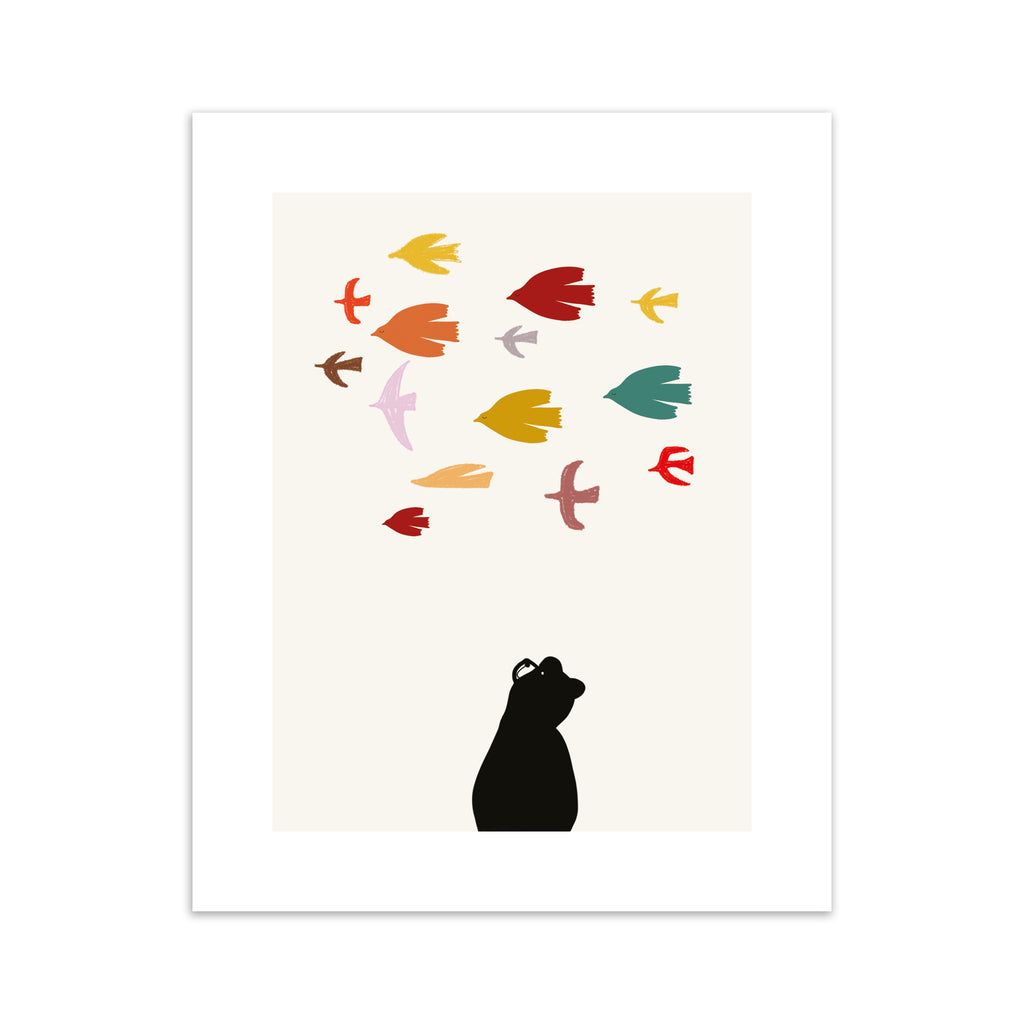'Bear' art print of bear gazing up at a vibrant flock of birds passing by.