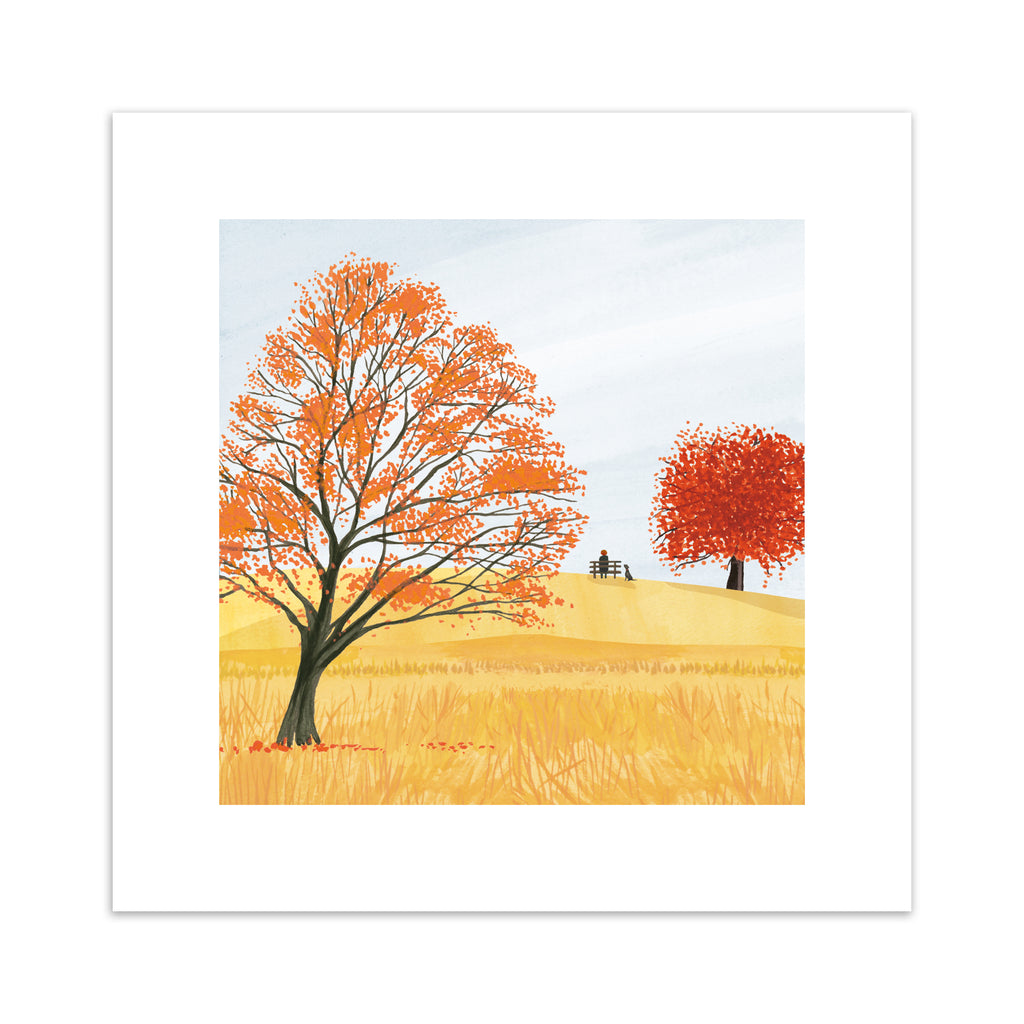 Autumn art print featuring vivid red and orange trees and grass, based off of Richmond Park, London. Someone sits on a bench in the distance, with their dog.