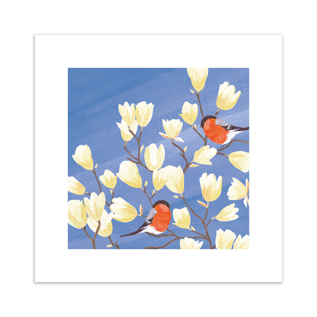 Stunning nature art print featuring two bullfinches perched in a blooming tree against a brilliant blue sky. 