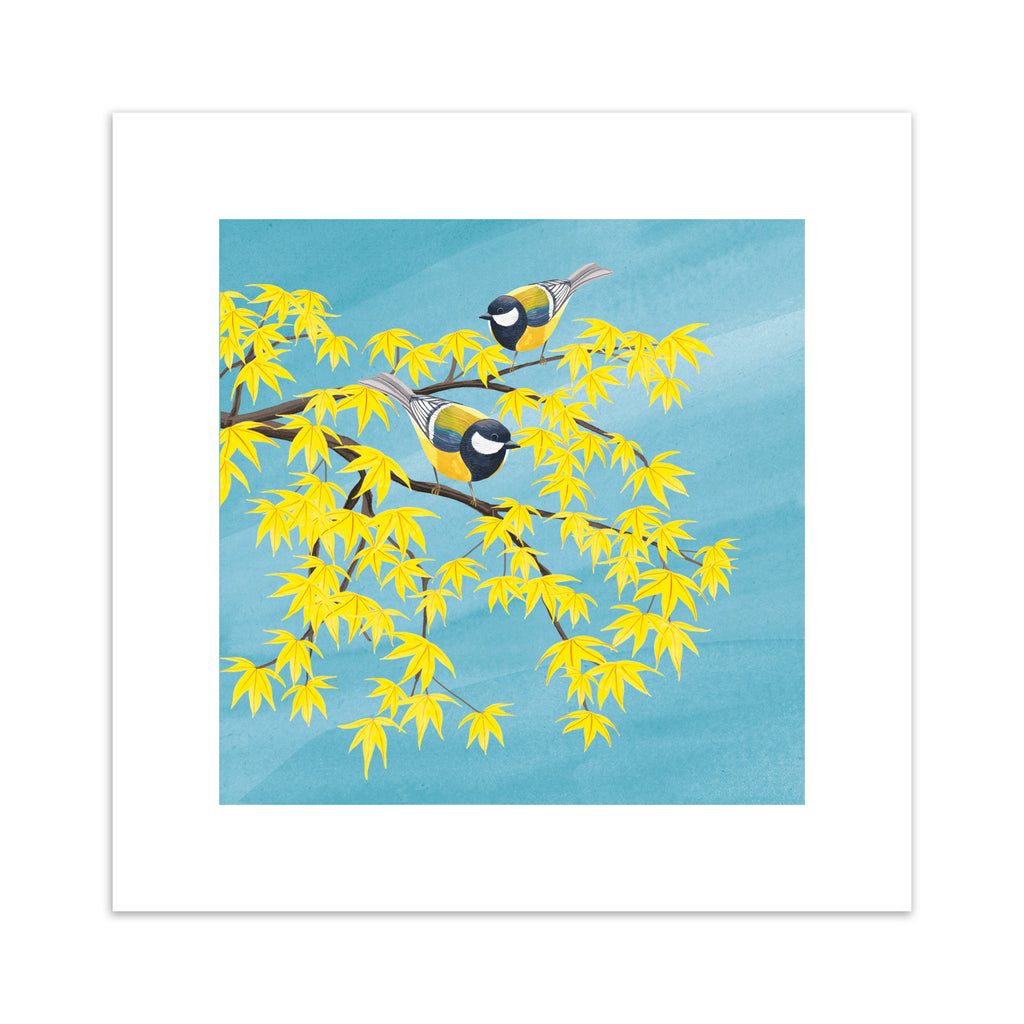 Nature art print featuring two blue tits standing on a malting Autumn tree, in front of a brilliant blue sky.