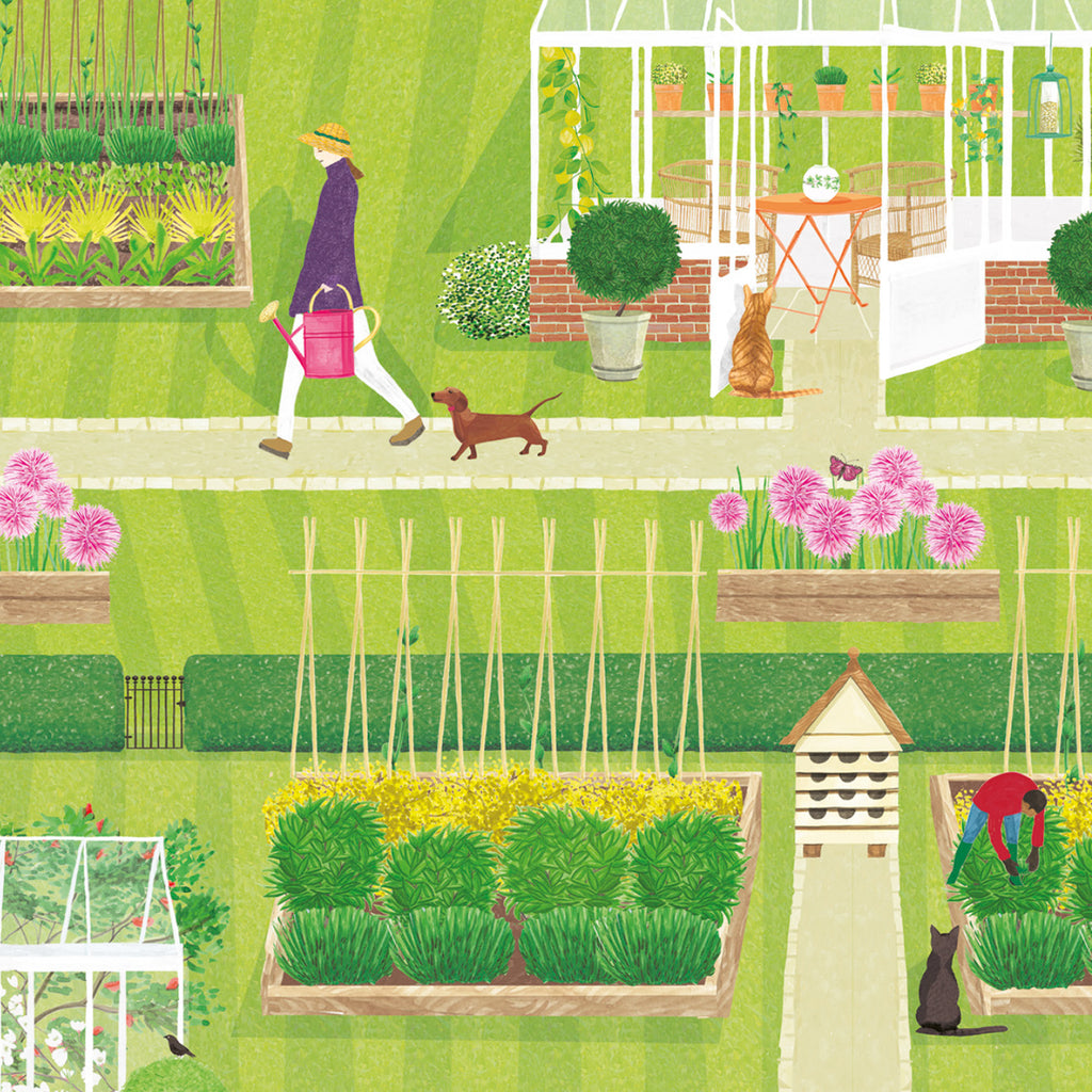 Close up of an art print featuring a symmetrical green garden, filled with a greenhouse, animals, gardeners and blooming botanicals.