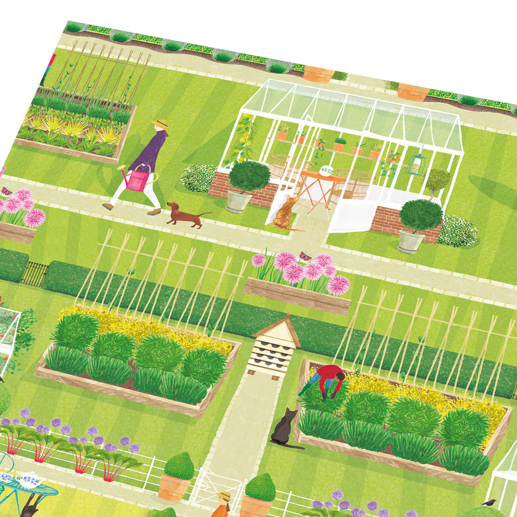 Close up of vibrant art print featuring a symmetrical green garden, filled with a greenhouse, animals, gardeners and blooming botanicals.
