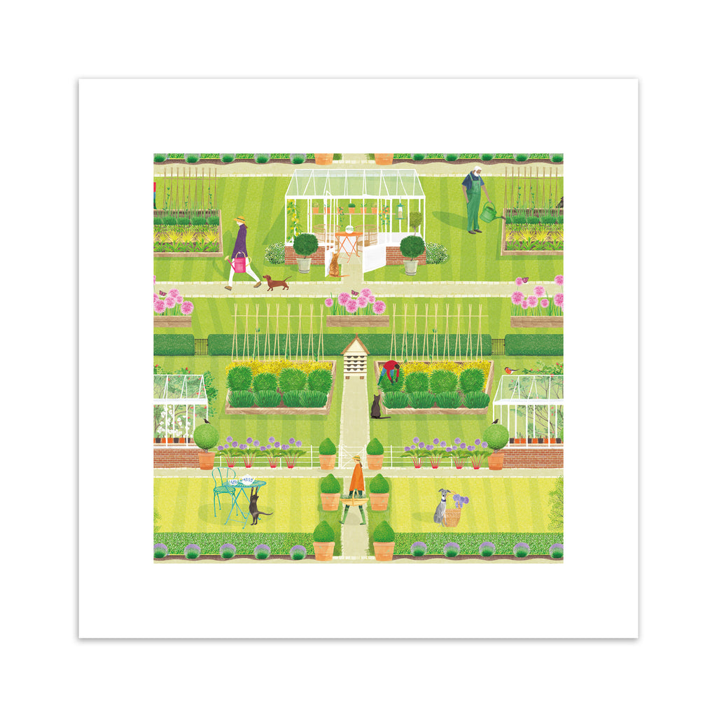 Vibrant art print featuring a symmetrical green garden, filled with a greenhouse, animals, gardeners and blooming botanicals. 
