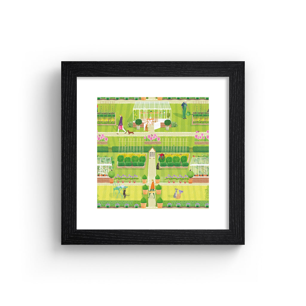 Vibrant art print featuring a symmetrical green garden, filled with a greenhouse, animals, gardeners and blooming botanicals. Art print is in a black frame.