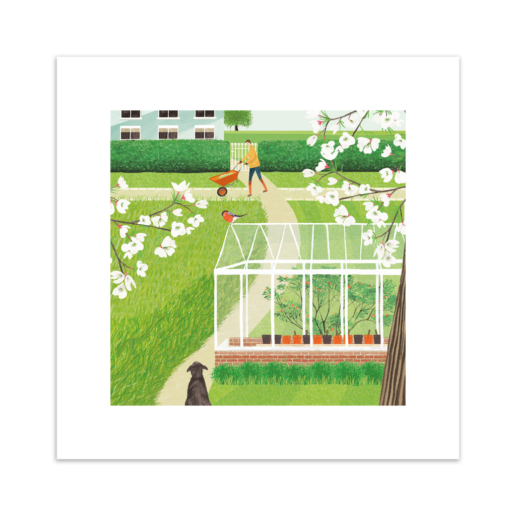 Beautiful art print featuring two characters in a vibrant green garden. Art print contains a garden path surrounded by grass, a greenhouse, flowers blooming off of branches and a dog patiently watching a character with a wheelbarrow at the top of the path.