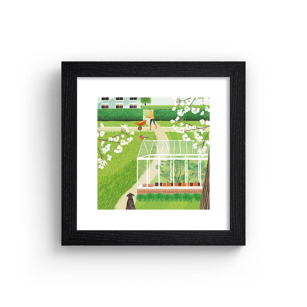 Beautiful art print featuring two characters in a vibrant green garden.  Art print is in a black frame.