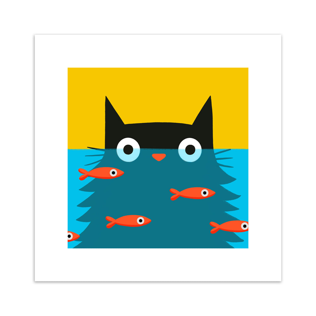 Bright art print featuring a black cat stood in front of a goldfish bowl.