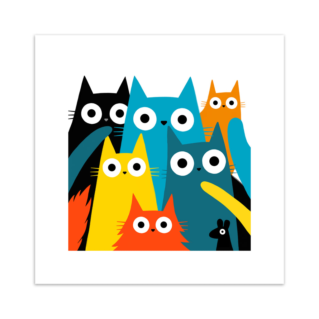 Colourful art print featuring different coloured cats and a mouse posing in the frame.