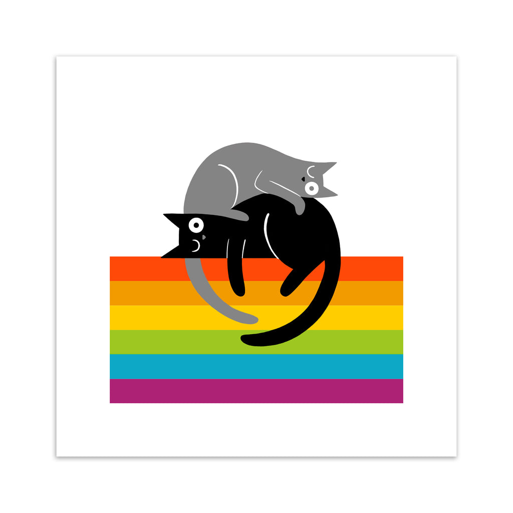 Art print of two kitties lying on top of a rainbow colours.