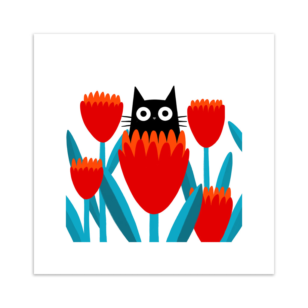 Fun art print of a small black cat posing in a patch of red flowers.