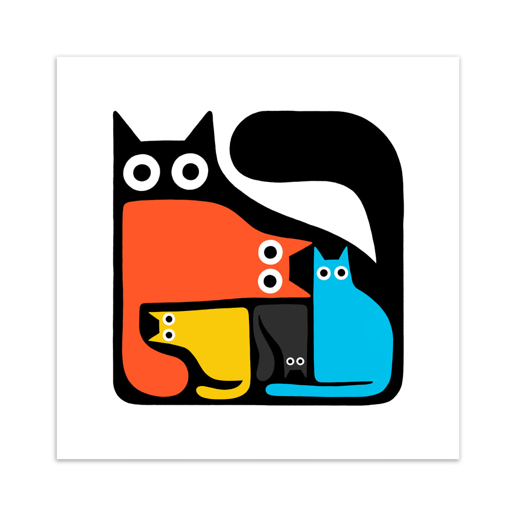 Colourful art print featuring a puzzle of colourful cats fitting inside a large black cat.