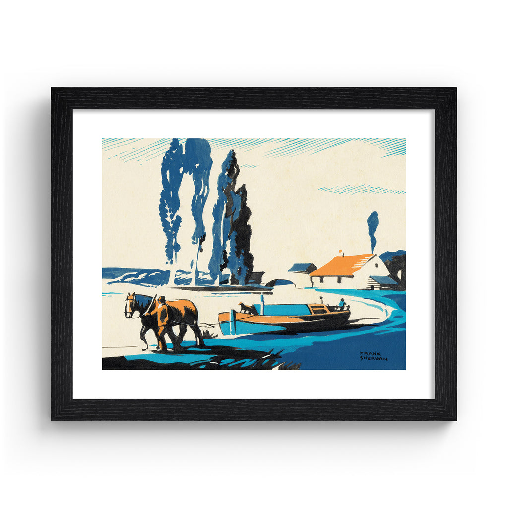 Classical watercolour art print featuring a horse pulling a boat along a shore, in a black frame.