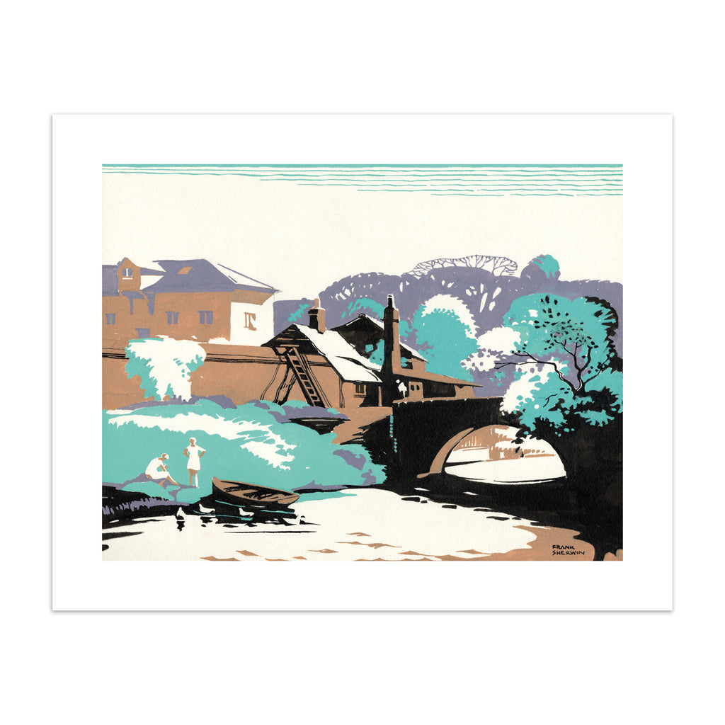 Classical watercolour art print featuring two people stood by the shore near a bridge.