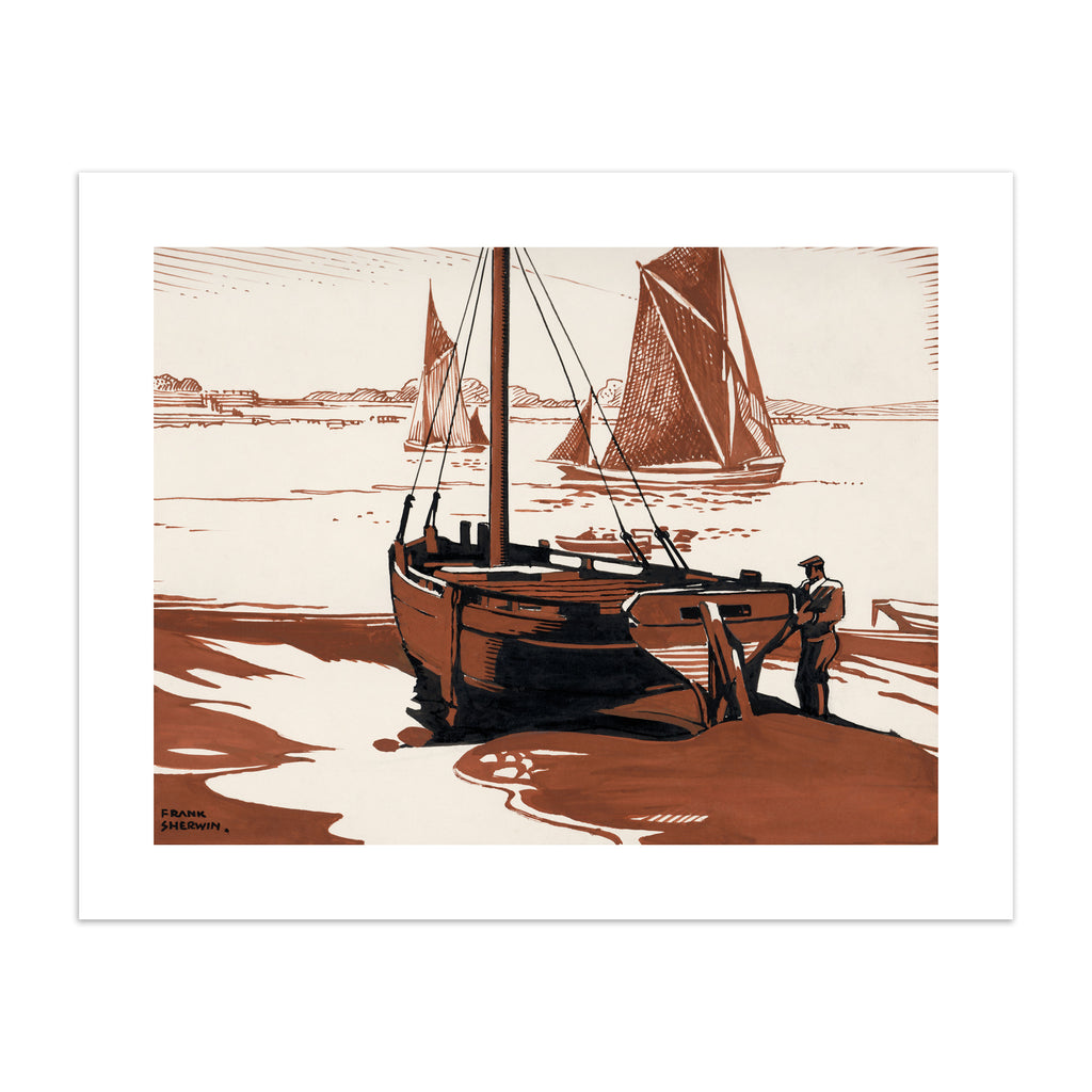 Classical watercolour art print featuring boat near a shoreline.