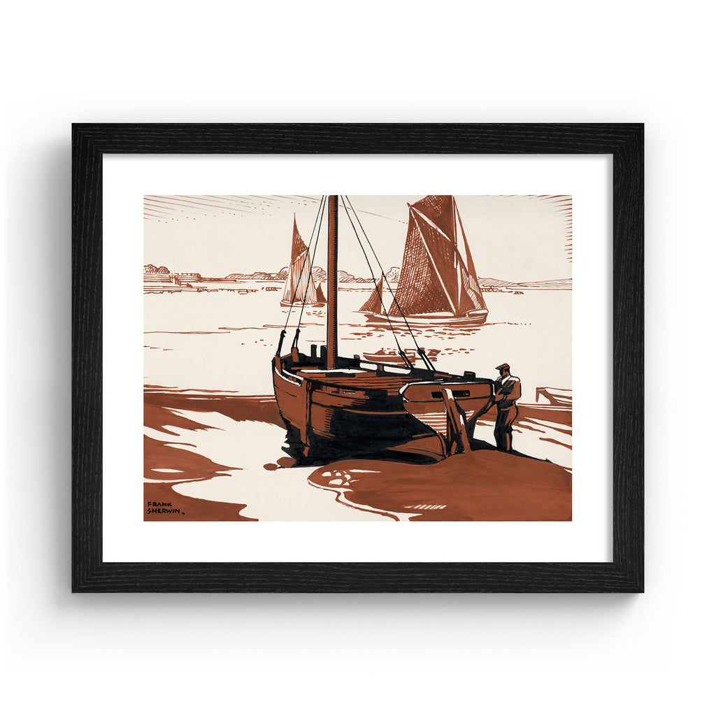 Classical watercolour art print featuring boat near a shoreline, in a black frame.